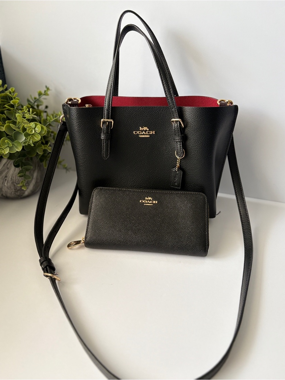 Coach Black Pebbled Leather Tote with Red Interior and Matching Black Wallet